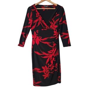 Lauren Ralph Lauren Faux Wrap Ruched Side Red Black Floral Dress 8